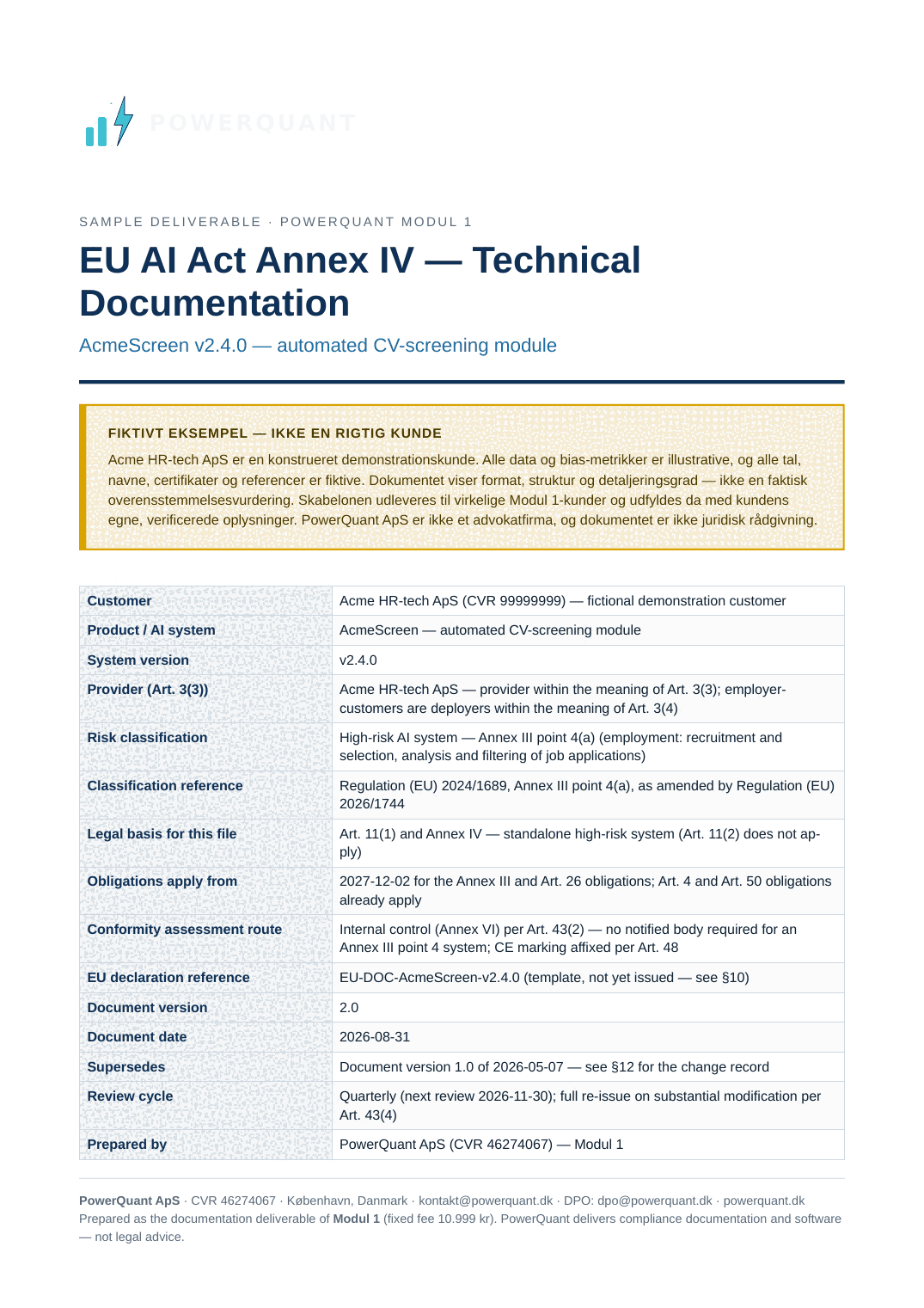 First page of the sample Annex IV report